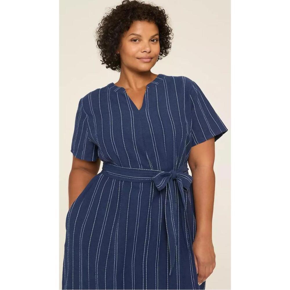NWT Lane Bryant Embroidered Split Neck Midi Dress Navy Blue‎ Tie Plus Size 26